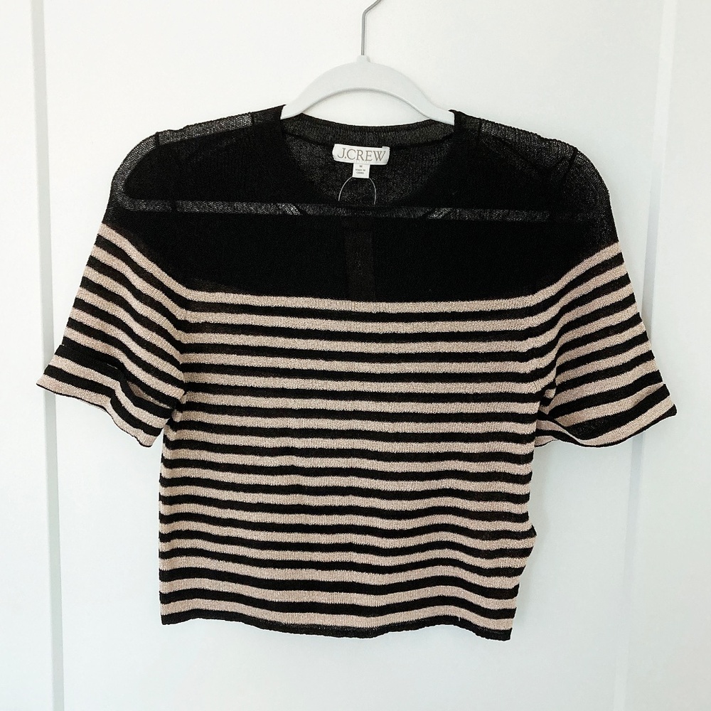 NWT J Crew Cotton-Blend Gauze Sweater-Tee in Black & Tan Metallic Stripe - M
